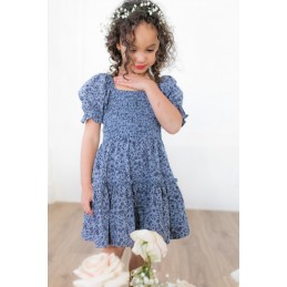 Blue Little Girl Puff Sleeve Leopard Print Empire Dress