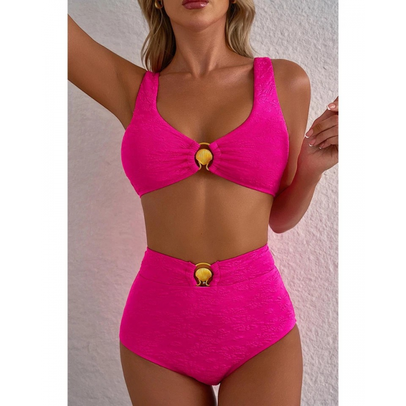 Rose Red Gold Shell Decor Wire-free Knotted 2pcs Bikini Swimsuit