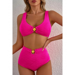 Rose Red Gold Shell Decor Wire-free Knotted 2pcs Bikini Swimsuit