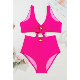 Rose Red Gold Shell Decor Wire-free Knotted 2pcs Bikini Swimsuit