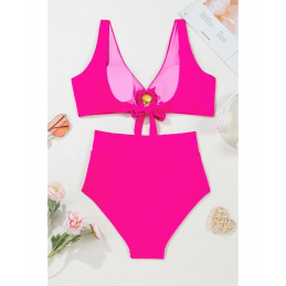 Rose Red Gold Shell Decor Wire-free Knotted 2pcs Bikini Swimsuit