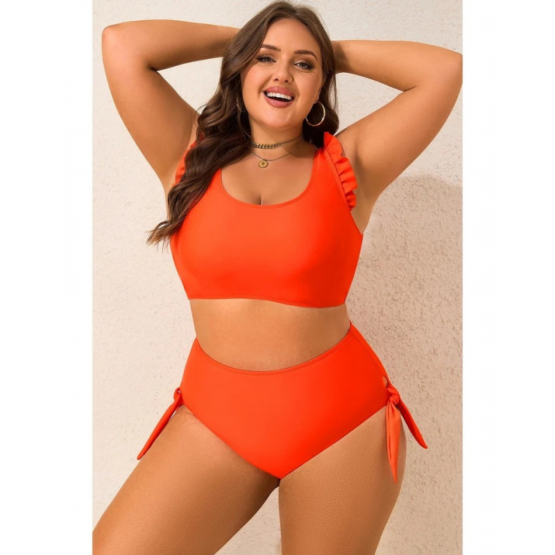 Orange Ruffled Trim Knotted High Waist Plus Size Bikini Set