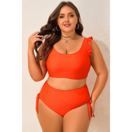 Orange Ruffled Trim Knotted High Waist Plus Size Bikini Set