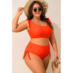 Orange Ruffled Trim Knotted High Waist Plus Size Bikini Set