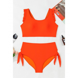 Orange Ruffled Trim Knotted High Waist Plus Size Bikini Set